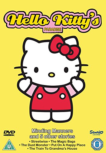 "Hello Kitty DVD cover featuring cartoon cat in red dress on yellow background."