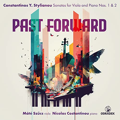 CD cover for "Past Forward" featuring a viola, piano keys, and abstract birds.