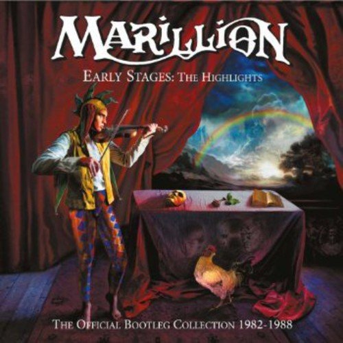 Marillion album cover featuring a jester playing violin, with a table and rooster nearby.