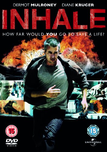 DVD cover for "Inhale" featuring a man running amidst explosions.