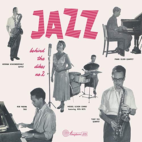 Vintage album cover featuring five jazz musicians and instruments.