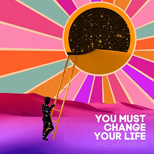 Colorful album cover with a person climbing a ladder towards a starry sky.