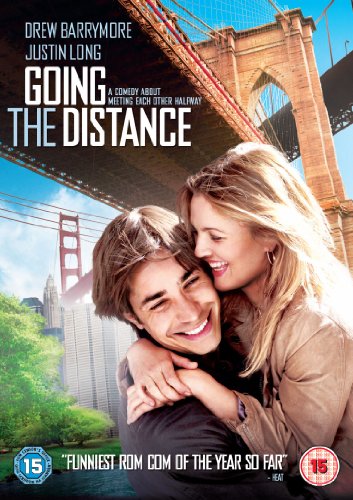 Going The Distance" DVD cover with Drew Barrymore and Justin Long, and the Golden Gate Bridge.