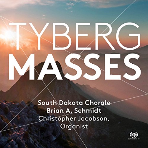 "Album cover with 'TYBERG MASSES' in white text over a mountain landscape at sunrise."