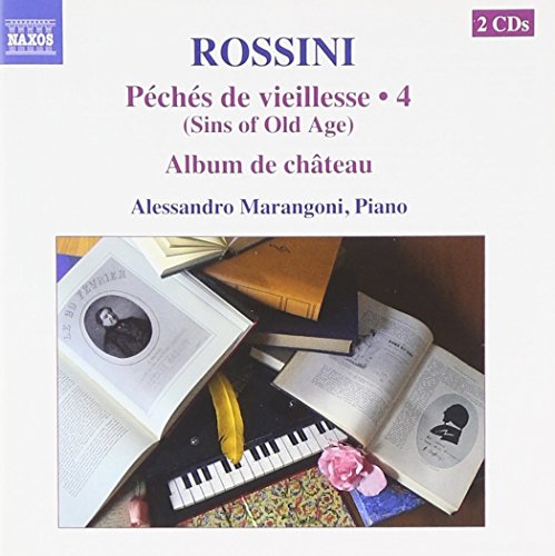 "CD cover with piano, books, and flowers, featuring 'ROSSINI' in blue text at the top."