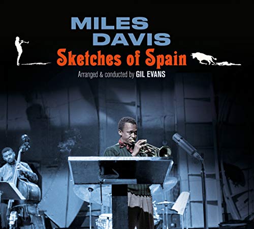 "Miles Davis playing trumpet on stage, album cover with title and artist name."