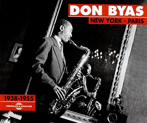 Black and white photo of jazz musician Don Byas playing saxophone.