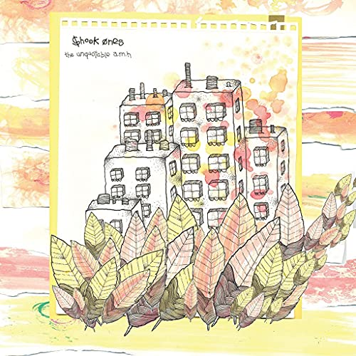 Hand-drawn building illustration with foliage, on a torn paper background.