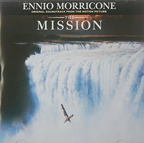 "CD case cover for 'The Mission' soundtrack with waterfall image and actor portraits."