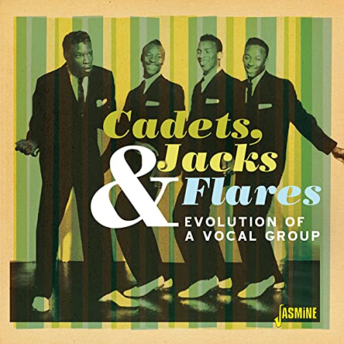 "CD cover with four suited men on a striped green and yellow background."