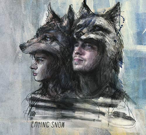 "Sketch of a man and woman with wolf heads, grey and blue background."