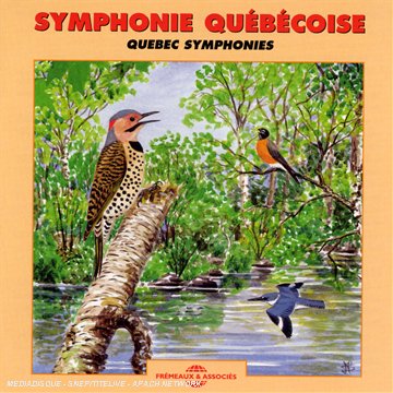 CD cover with painted woodpeckers and birds near a waterway.