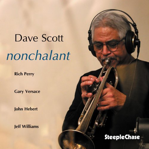 Man with headphones playing trumpet, album cover with names and title "nonchalant".