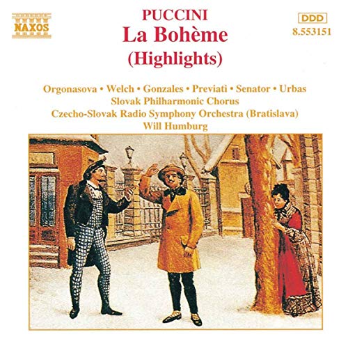 CD cover for Puccini’s *La Bohème* highlights, featuring a snowy street scene.