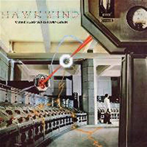 Hawkwind album cover: abstract industrial scene with red lines and figures.