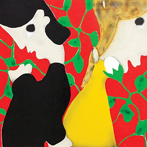 Abstract faces in black and yellow against a red and green background.