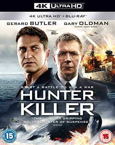 Hunter Killer" Blu-ray cover featuring Gerard Butler and Gary Oldman, with naval warfare imagery.