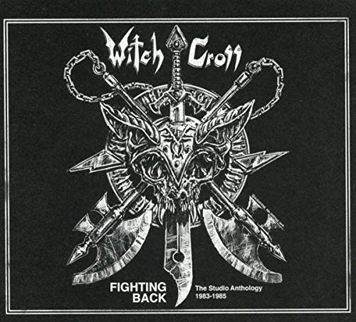 "Black album cover with white illustration of skull and weapons, titled 'Witch Cross'."