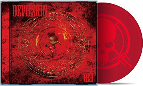 Red album cover for Devilskin, featuring a skull within a circular design.