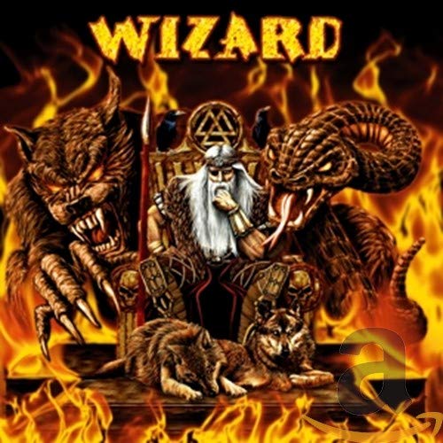 Odin on a throne flanked by wolves and a serpent, fiery background.