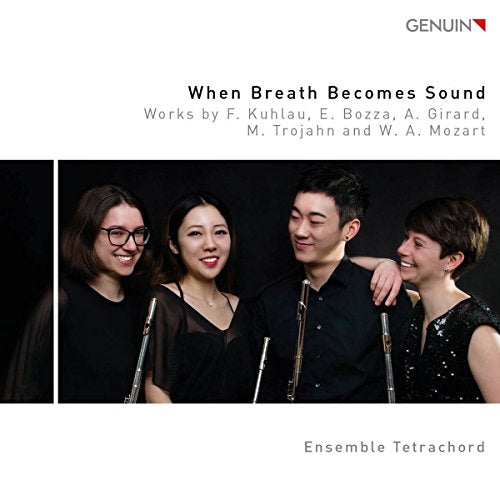 "CD cover featuring four musicians holding flutes against a black background."