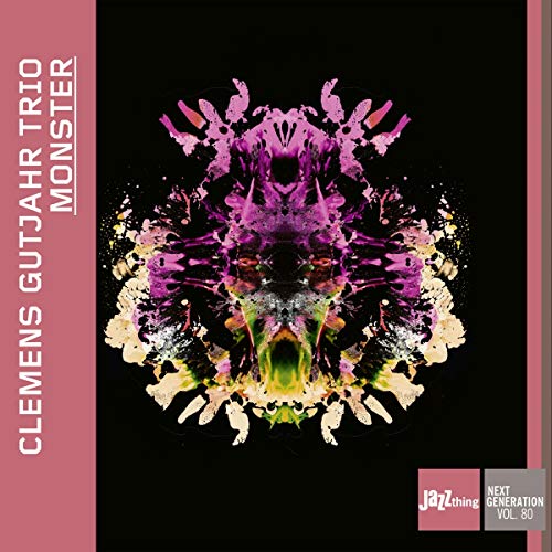 "Album cover with abstract, colorful Rorschach-style image on black background, pink border."