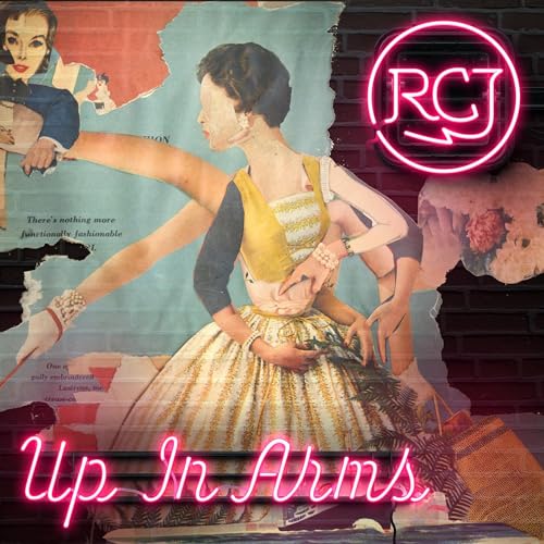 Collage art of a multi-armed woman against a brick wall with neon pink text.