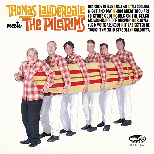 CD cover: Thomas Lauderdale with six men carrying a surfboard.