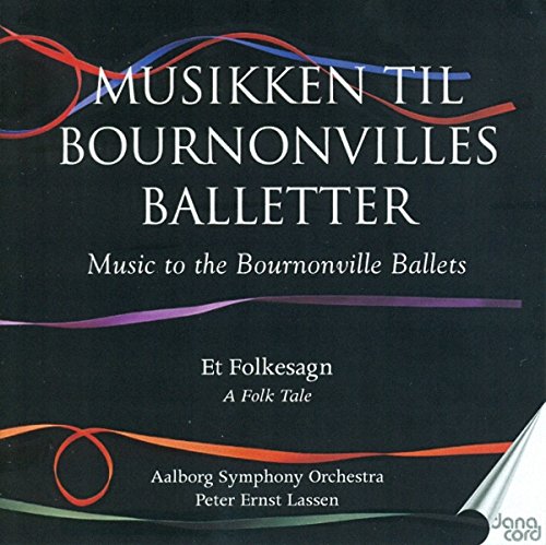 "Black CD cover with colorful swirls and white text, featuring 'MUSIKKEN TIL BOURNONVILLES BALLETTER'."