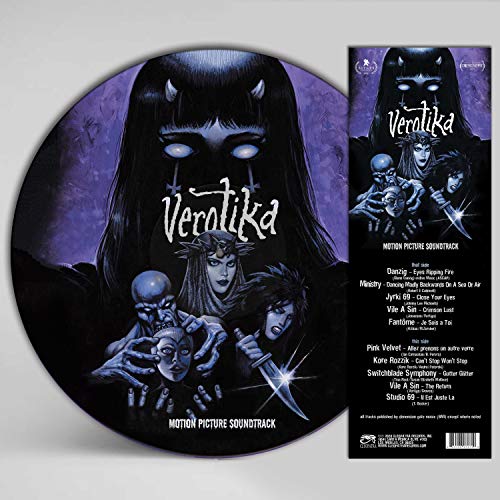"Vinyl record with dark, gothic artwork and a tracklist on the sleeve."