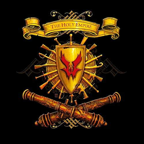 Golden heraldry with cannons and a shield featuring a red phoenix.