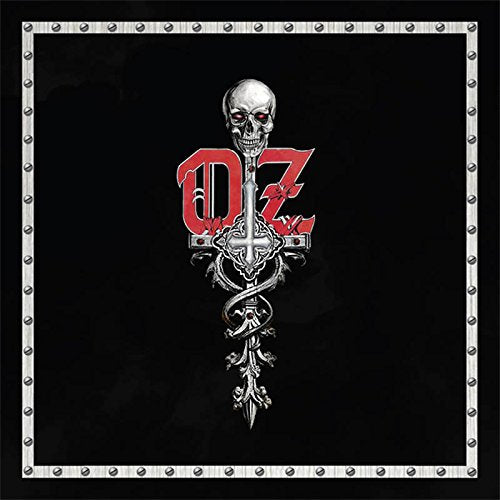 "Black vinyl record sleeve with silver dagger and skull design, surrounded by metal border."