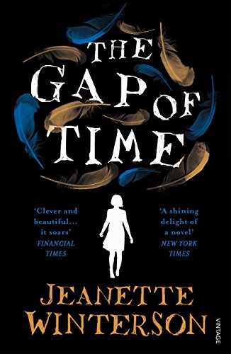 "The Gap of Time" book cover with black background, feathers, and silhouette of a person.
