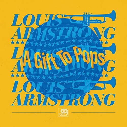 Louis Armstrong album cover: blue trumpets and text on yellow background.