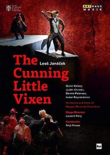 DVD cover for "The Cunning Little Vixen" opera, featuring a man and anthropomorphic animals.
