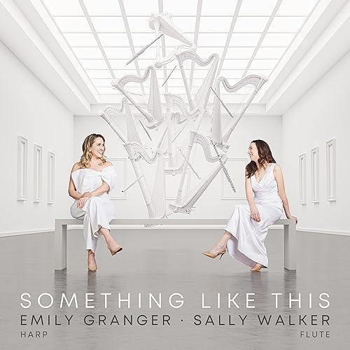CD cover featuring two women seated beneath a harp sculpture.