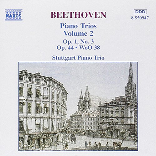 "CD cover with Beethoven's Piano Trios and a 19th-century cityscape illustration."