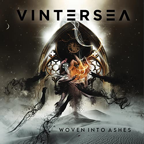 Album cover for Vintersea’s “Woven Into Ashes” featuring gothic arch imagery.