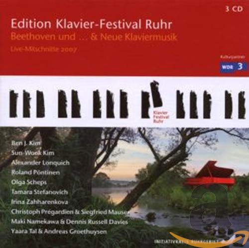Red CD case for "Ruhr Piano Festival: Beethoven" with piano keys and landscape.