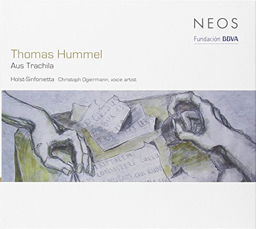 "CD cover with sketch of hands holding torn paper with illegible text on a white background."