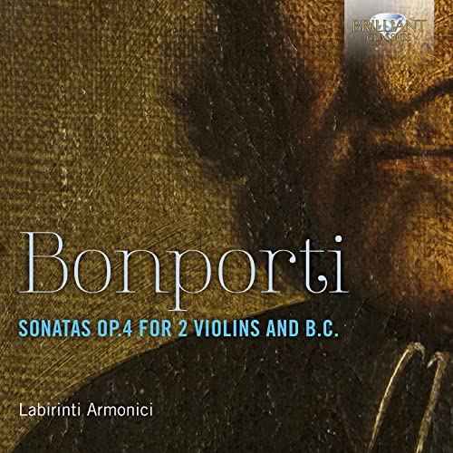 CD cover for Bonporti’s “Labirinti Armonici” sonatas, featuring portrait detail.
