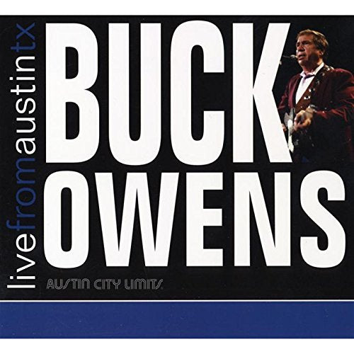 "CD cover with 'Buck Owens' in large white letters, man singing into microphone."