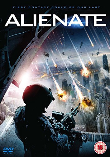 DVD cover for "Alienate" showing a soldier in a city under alien attack.
