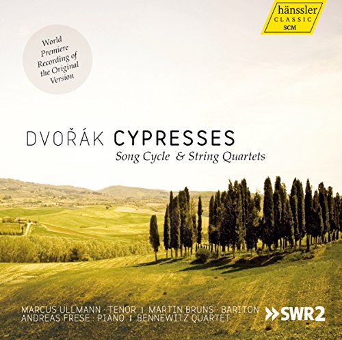 "CD cover featuring a landscape with cypress trees and rolling hills, classical music album."