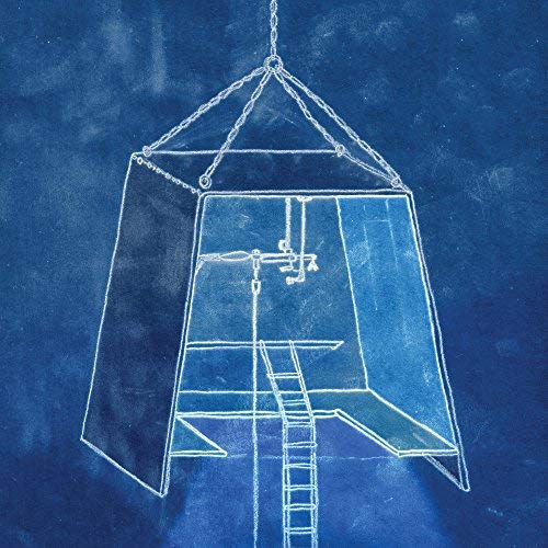 Blueprint-style drawing of a hanging, geometric structure with a ladder.