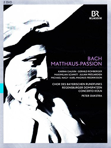 "Bach: St Matthew Passion" DVD cover featuring a black-and-white image of Jesus.