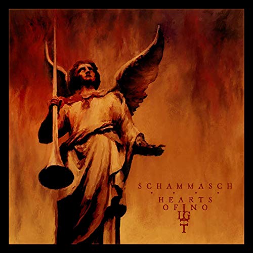 Dark, textured image of a winged figure holding instruments, album cover.