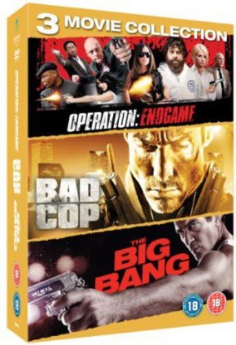 DVD case with three action movie covers, titled "The Big Bang", "Bad Cop", and "Operation: Endgame".