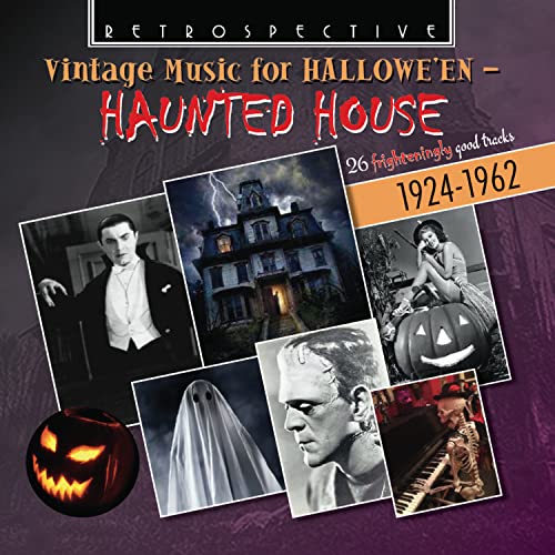 CD cover for "Vintage Music for Halloween: Haunted House" with spooky imagery.
