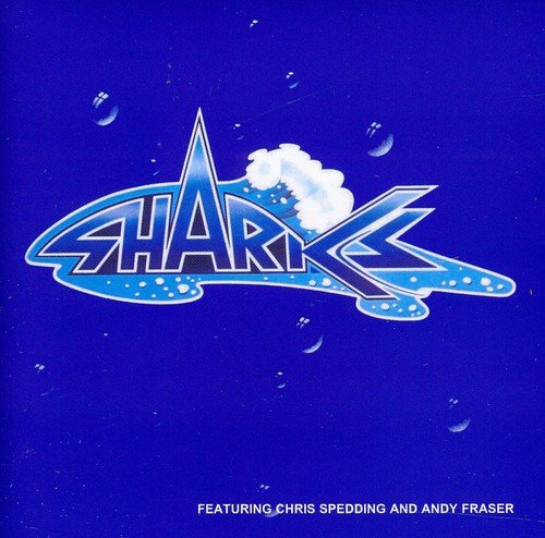 "Blue album cover with stylized 'sharks' text in a shark shape, on a blue background."